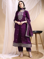 Embroidered Anarkali Kurta With Pant & Embroidered Dupatta, Purple - Hiral Fashion | Grocsy
