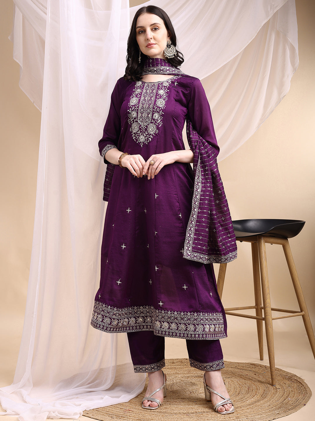 Embroidered Anarkali Kurta With Pant & Embroidered Dupatta, Purple - Hiral Fashion | Grocsy
