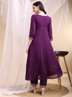 Embroidered Anarkali Kurta With Pant & Embroidered Dupatta, Purple - Hiral Fashion | Grocsy