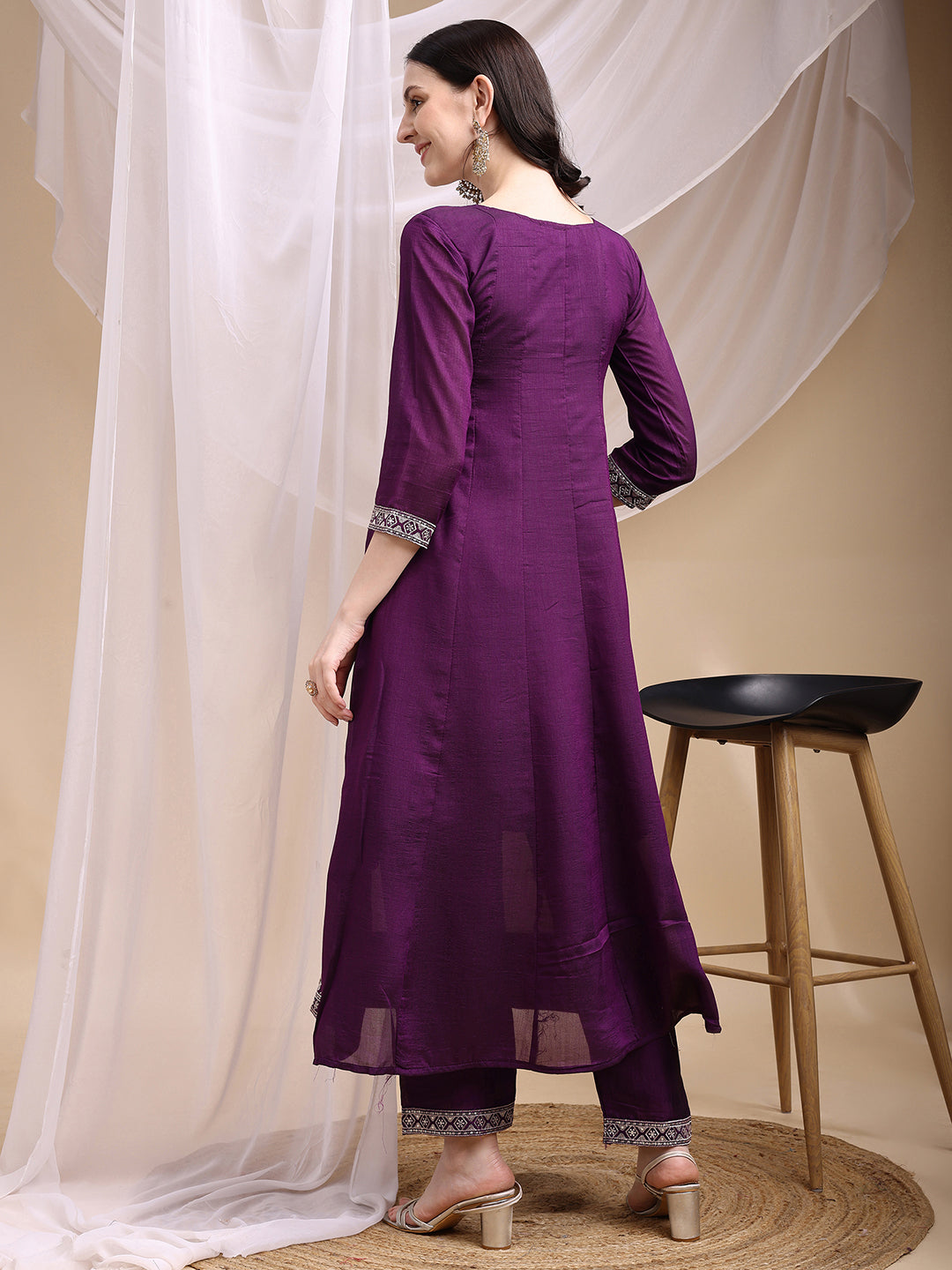 Embroidered Anarkali Kurta With Pant & Embroidered Dupatta, Purple - Hiral Fashion | Grocsy
