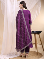 Embroidered Anarkali Kurta With Pant & Embroidered Dupatta, Purple - Hiral Fashion | Grocsy