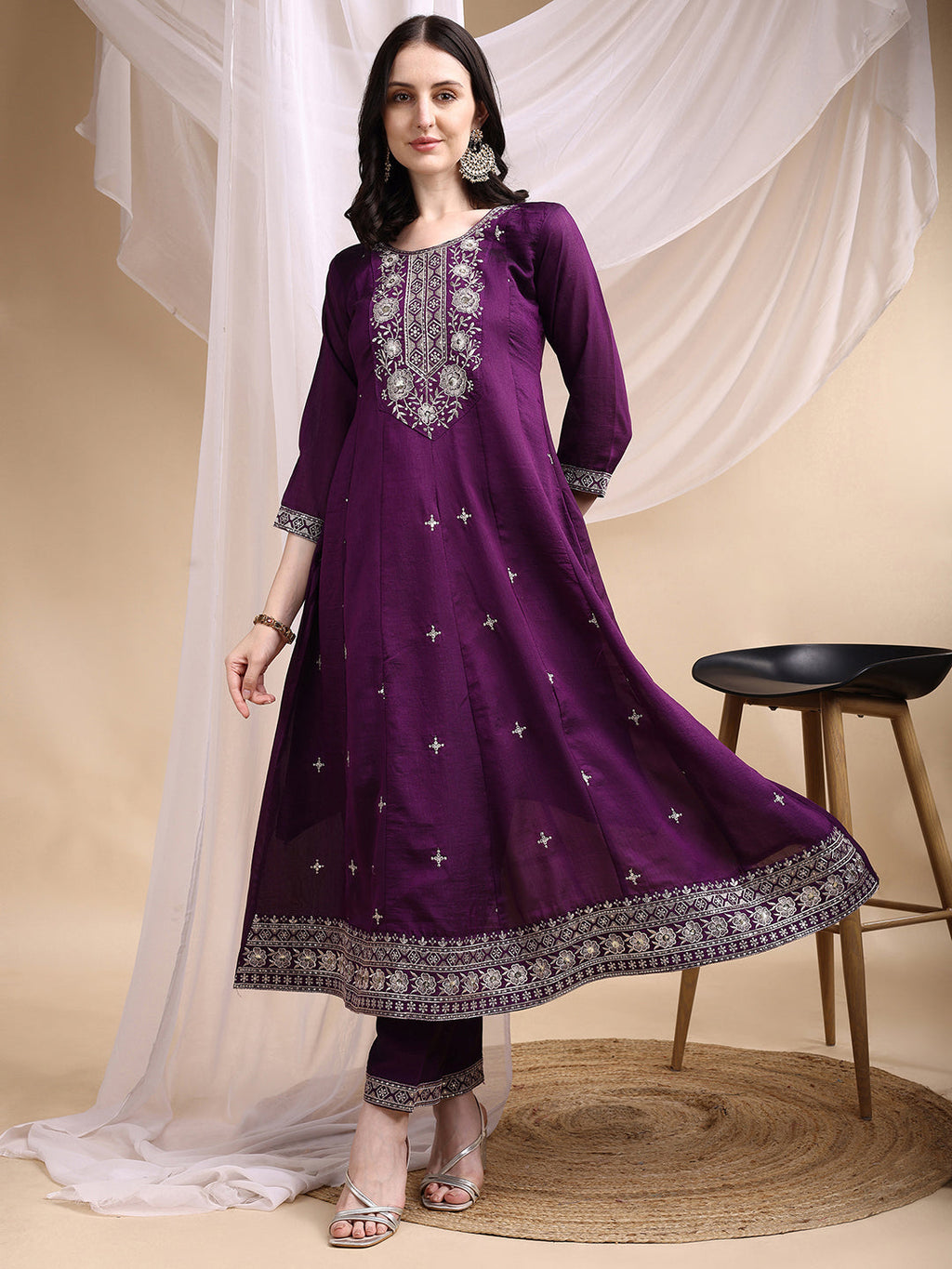 Embroidered Anarkali Kurta With Pant & Embroidered Dupatta, Purple - Hiral Fashion | Grocsy
