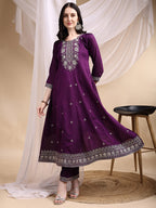 Embroidered Anarkali Kurta With Pant & Embroidered Dupatta, Purple - Hiral Fashion | Grocsy