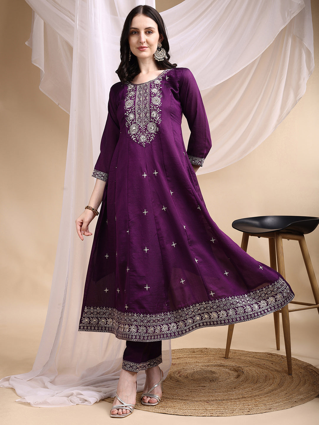 Embroidered Anarkali Kurta With Pant & Embroidered Dupatta, Purple - Hiral Fashion | Grocsy
