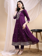 Embroidered Anarkali Kurta With Pant & Embroidered Dupatta, Purple - Hiral Fashion | Grocsy