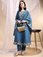 Hand Embroidered Anarkali Kurta With Pant & Embroidered Dupatta, Blue - Hiral Fashion | Grocsy