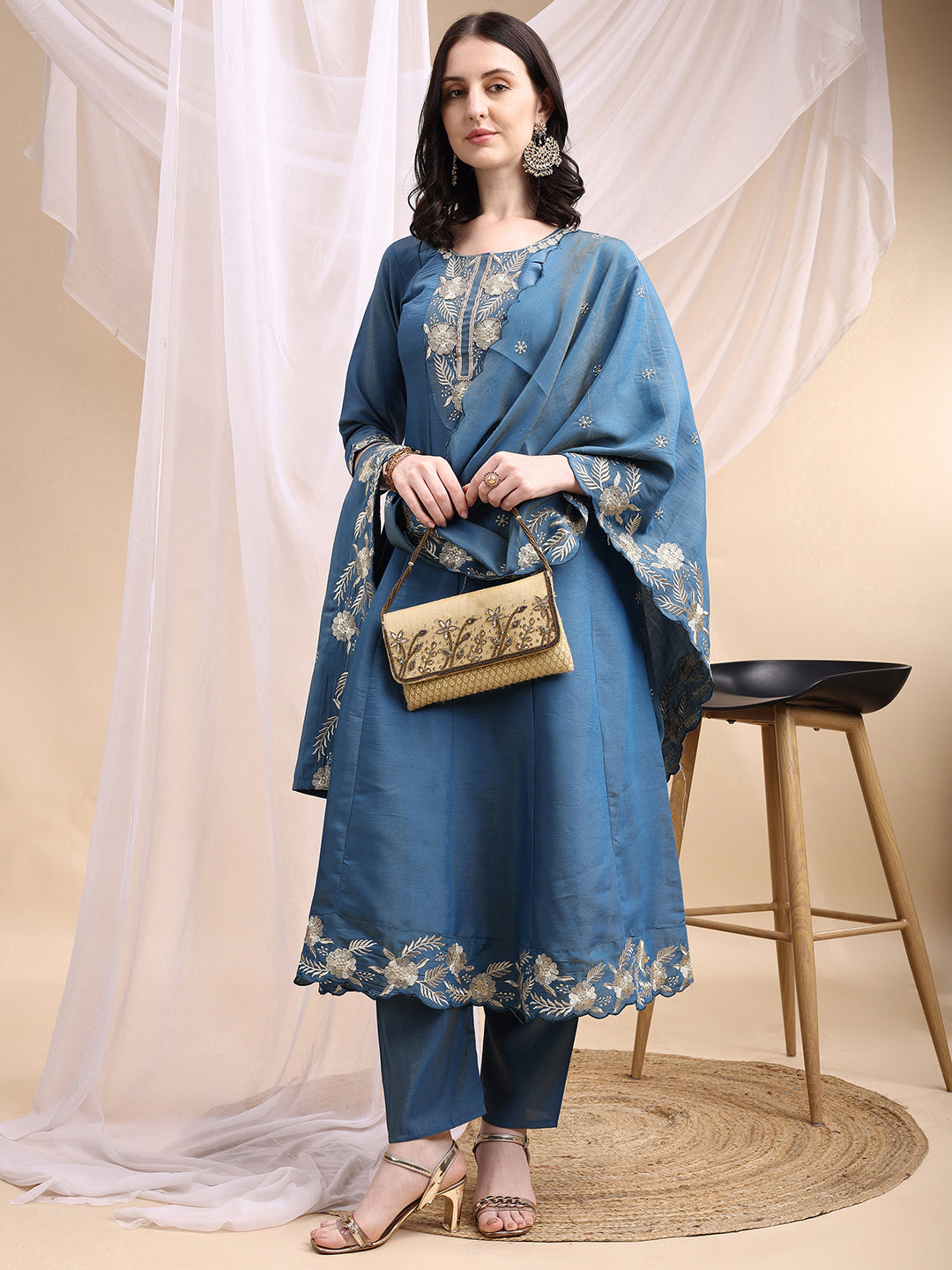 Hand Embroidered Anarkali Kurta With Pant & Embroidered Dupatta, Blue - Hiral Fashion | Grocsy
