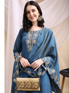 Hand Embroidered Anarkali Kurta With Pant & Embroidered Dupatta, Blue - Hiral Fashion | Grocsy