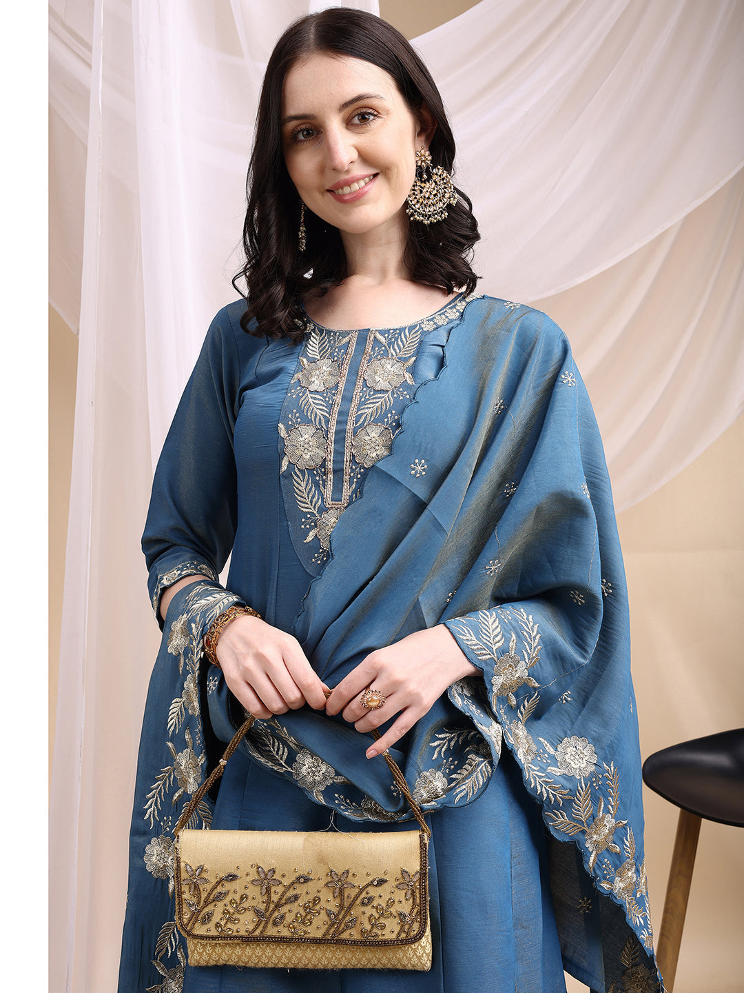 Hand Embroidered Anarkali Kurta With Pant & Embroidered Dupatta, Blue - Hiral Fashion | Grocsy