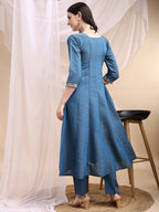 Hand Embroidered Anarkali Kurta With Pant & Embroidered Dupatta, Blue - Hiral Fashion | Grocsy