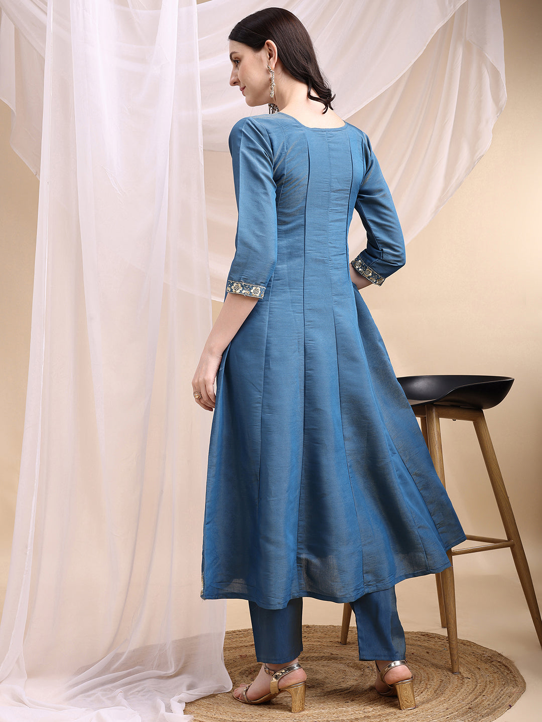 Hand Embroidered Anarkali Kurta With Pant & Embroidered Dupatta, Blue - Hiral Fashion | Grocsy