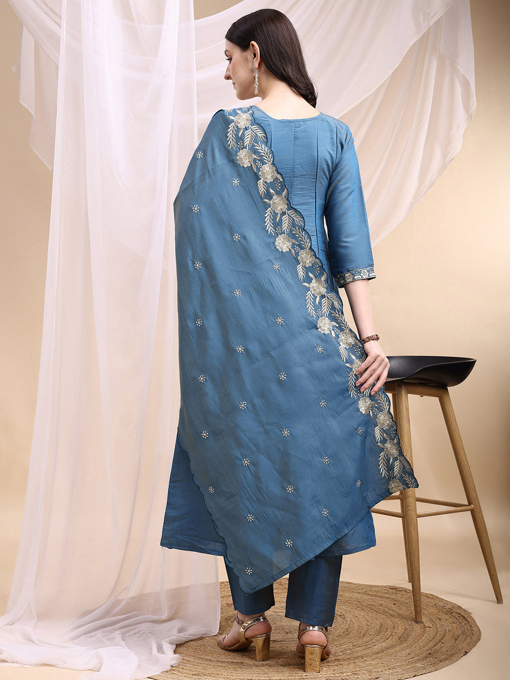Hand Embroidered Anarkali Kurta With Pant & Embroidered Dupatta, Blue - Hiral Fashion | Grocsy