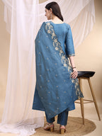 Hand Embroidered Anarkali Kurta With Pant & Embroidered Dupatta, Blue - Hiral Fashion | Grocsy
