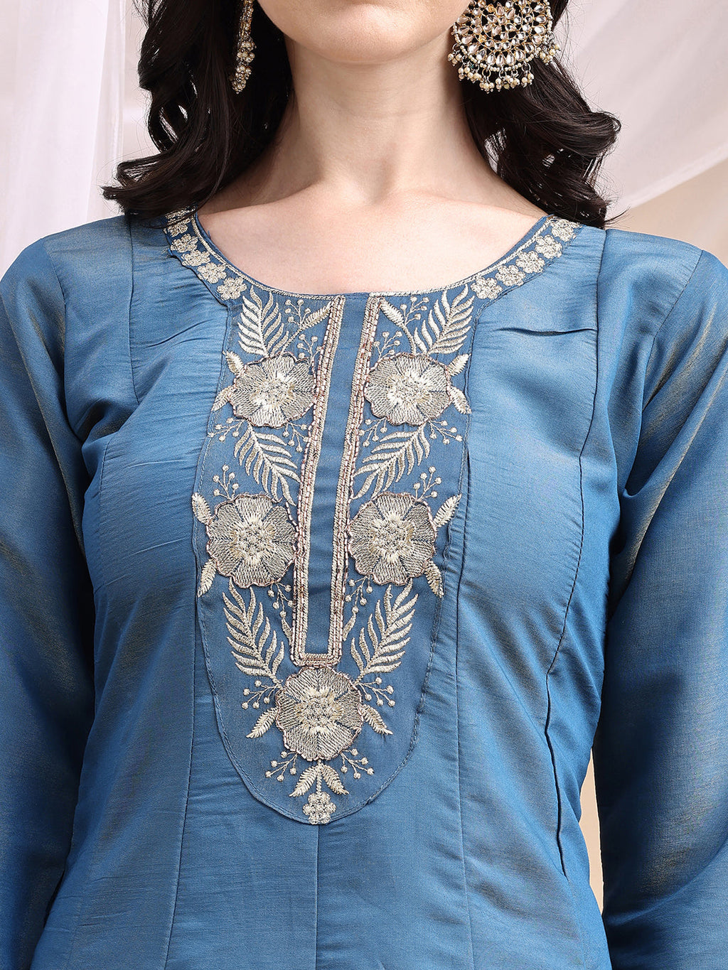 Hand Embroidered Anarkali Kurta With Pant & Embroidered Dupatta, Blue - Hiral Fashion | Grocsy