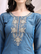 Hand Embroidered Anarkali Kurta With Pant & Embroidered Dupatta, Blue - Hiral Fashion | Grocsy