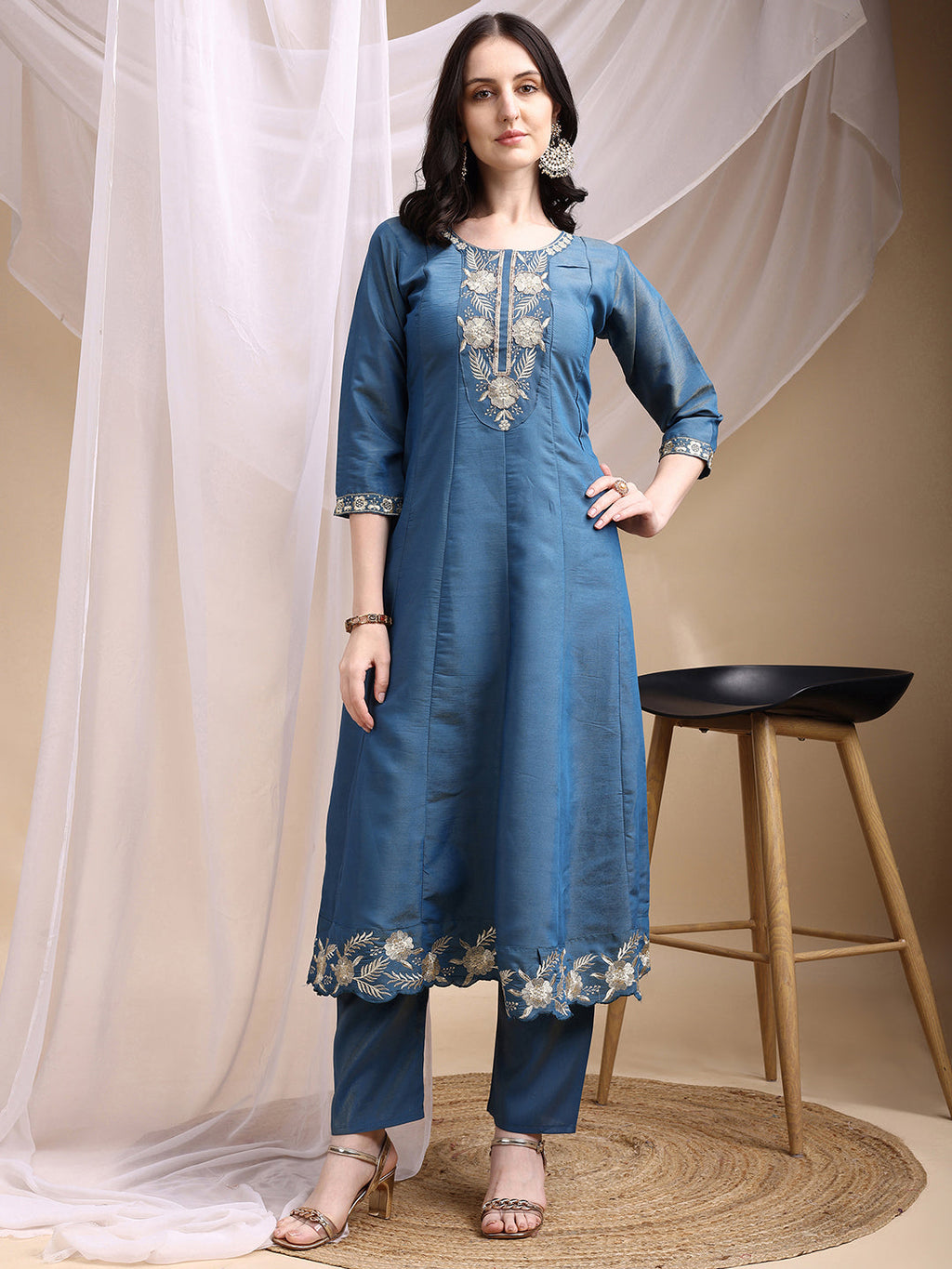 Hand Embroidered Anarkali Kurta With Pant & Embroidered Dupatta, Blue - Hiral Fashion | Grocsy