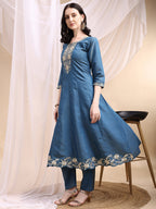 Hand Embroidered Anarkali Kurta With Pant & Embroidered Dupatta, Blue - Hiral Fashion | Grocsy
