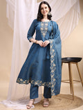 Hand Embroidered Anarkali Kurta With Pant & Embroidered Dupatta, Blue - Hiral Fashion | Grocsy