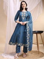 Hand Embroidered Anarkali Kurta With Pant & Embroidered Dupatta, Blue - Hiral Fashion | Grocsy