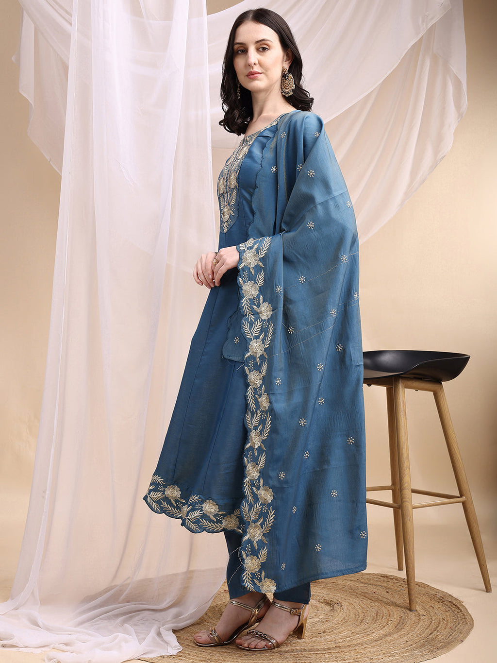 Hand Embroidered Anarkali Kurta With Pant & Embroidered Dupatta, Blue - Hiral Fashion | Grocsy