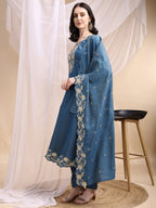 Hand Embroidered Anarkali Kurta With Pant & Embroidered Dupatta, Blue - Hiral Fashion | Grocsy
