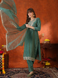 Sequin Embroidered Kurta With Pant & Embroidered Organza Dupatta, Green - Hiral Fashion | Grocsy