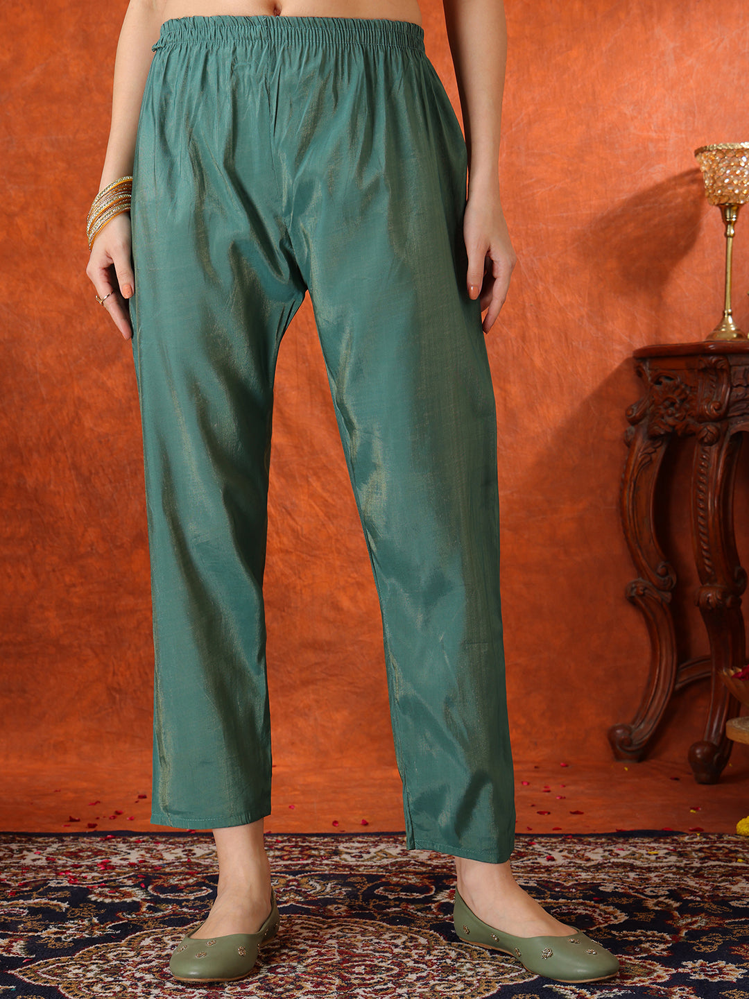 Sequin Embroidered Kurta With Pant & Embroidered Organza Dupatta, Green - Hiral Fashion | Grocsy