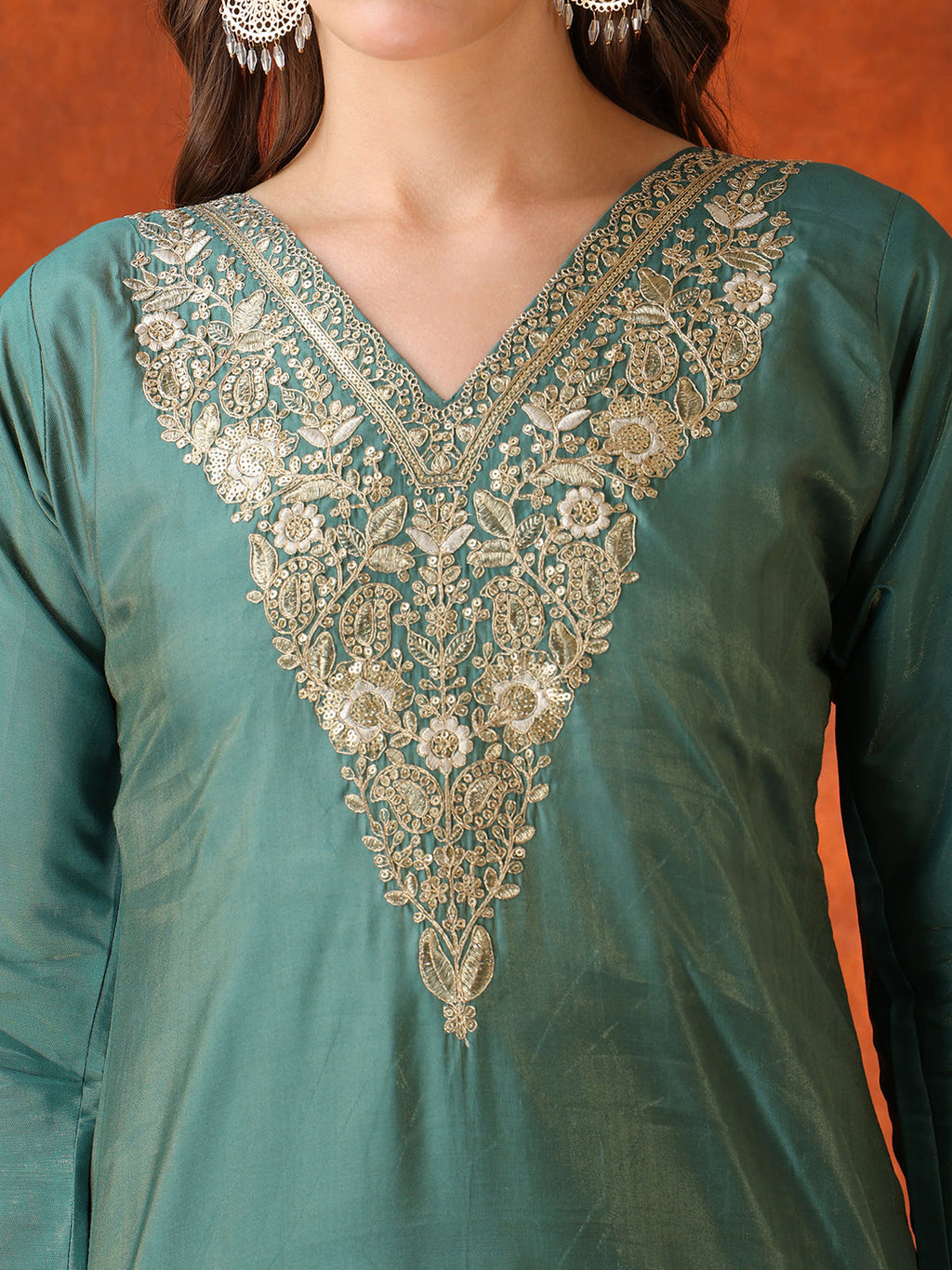 Sequin Embroidered Kurta With Pant & Embroidered Organza Dupatta, Green - Hiral Fashion | Grocsy