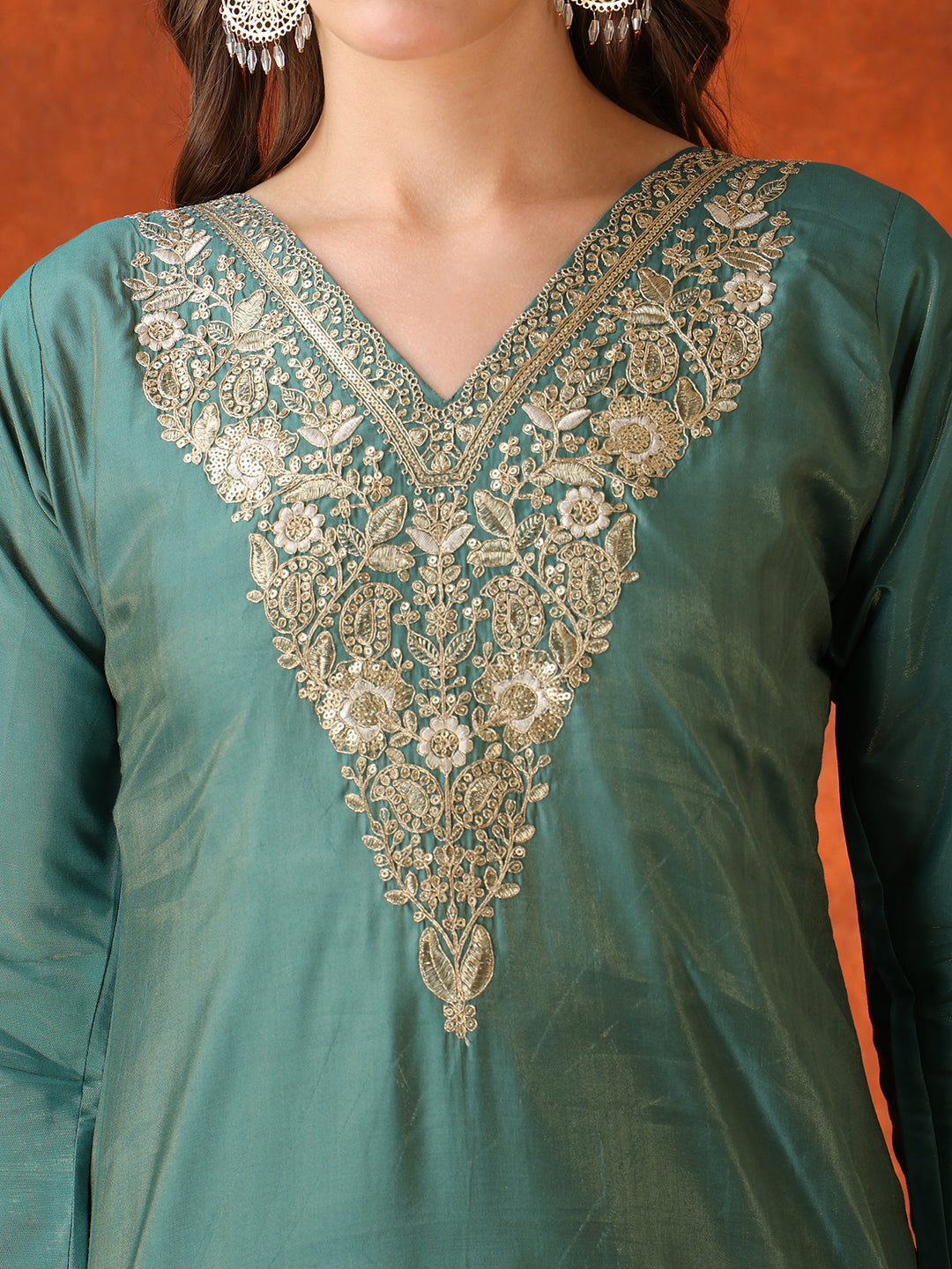 Sequin Embroidered Kurta With Pant & Embroidered Organza Dupatta, Green - Hiral Fashion | Grocsy