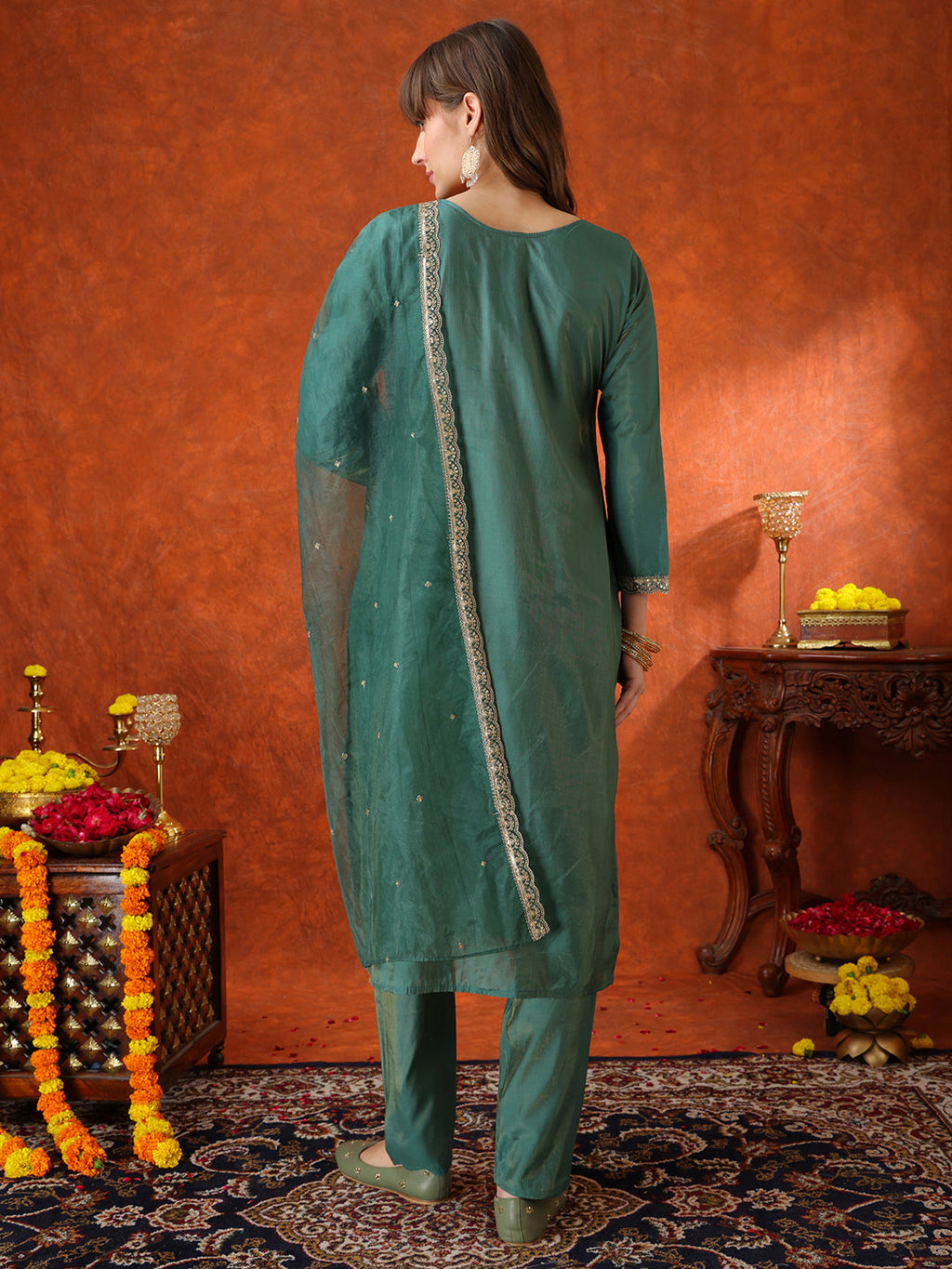 Sequin Embroidered Kurta With Pant & Embroidered Organza Dupatta, Green - Hiral Fashion | Grocsy