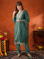 Sequin Embroidered Kurta With Pant & Embroidered Organza Dupatta, Green - Hiral Fashion | Grocsy
