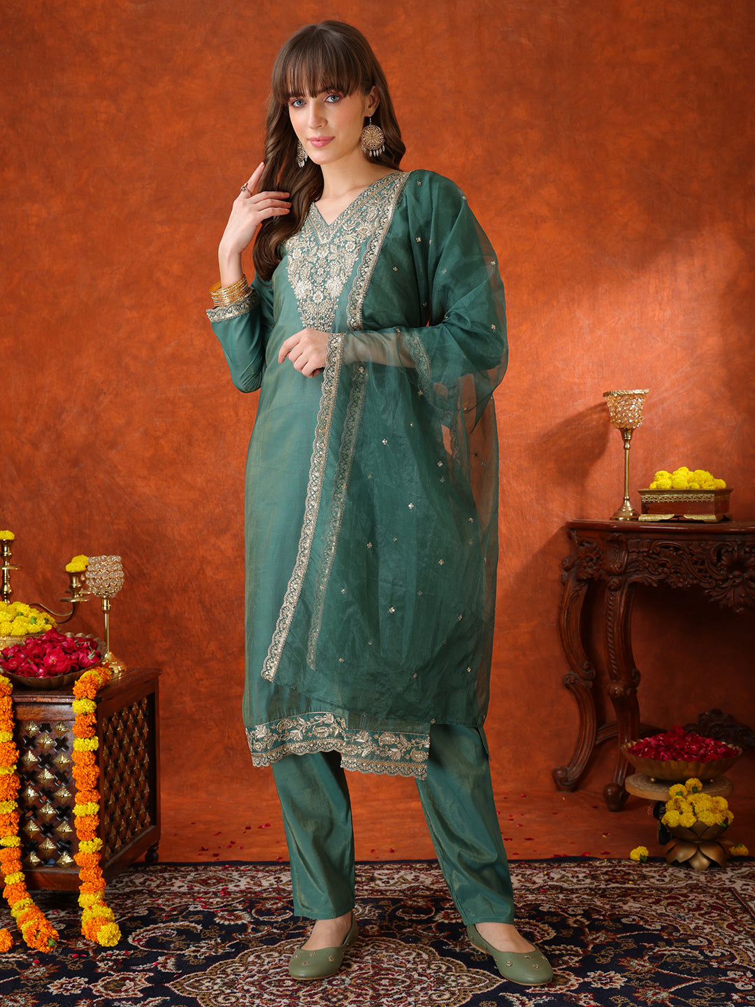 Sequin Embroidered Kurta With Pant & Embroidered Organza Dupatta, Green - Hiral Fashion | Grocsy