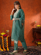Sequin Embroidered Kurta With Pant & Embroidered Organza Dupatta, Green - Hiral Fashion | Grocsy