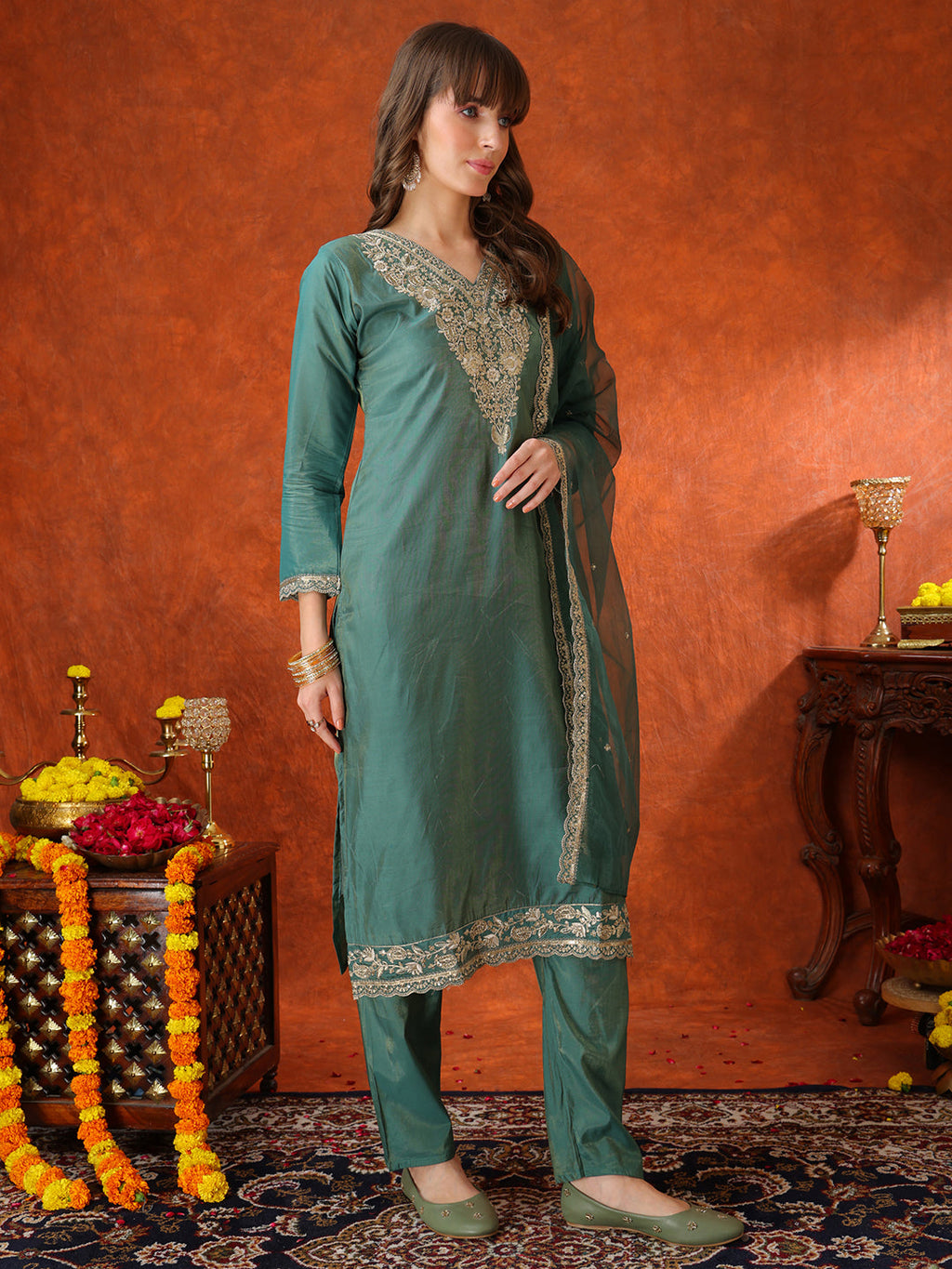 Sequin Embroidered Kurta With Pant & Embroidered Organza Dupatta, Green - Hiral Fashion | Grocsy