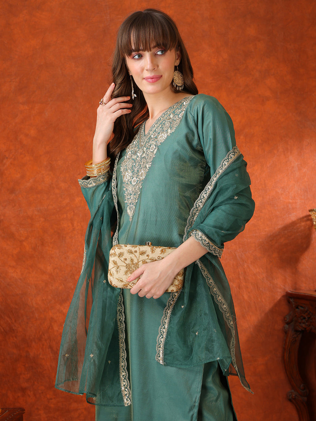 Sequin Embroidered Kurta With Pant & Embroidered Organza Dupatta, Green - Hiral Fashion | Grocsy