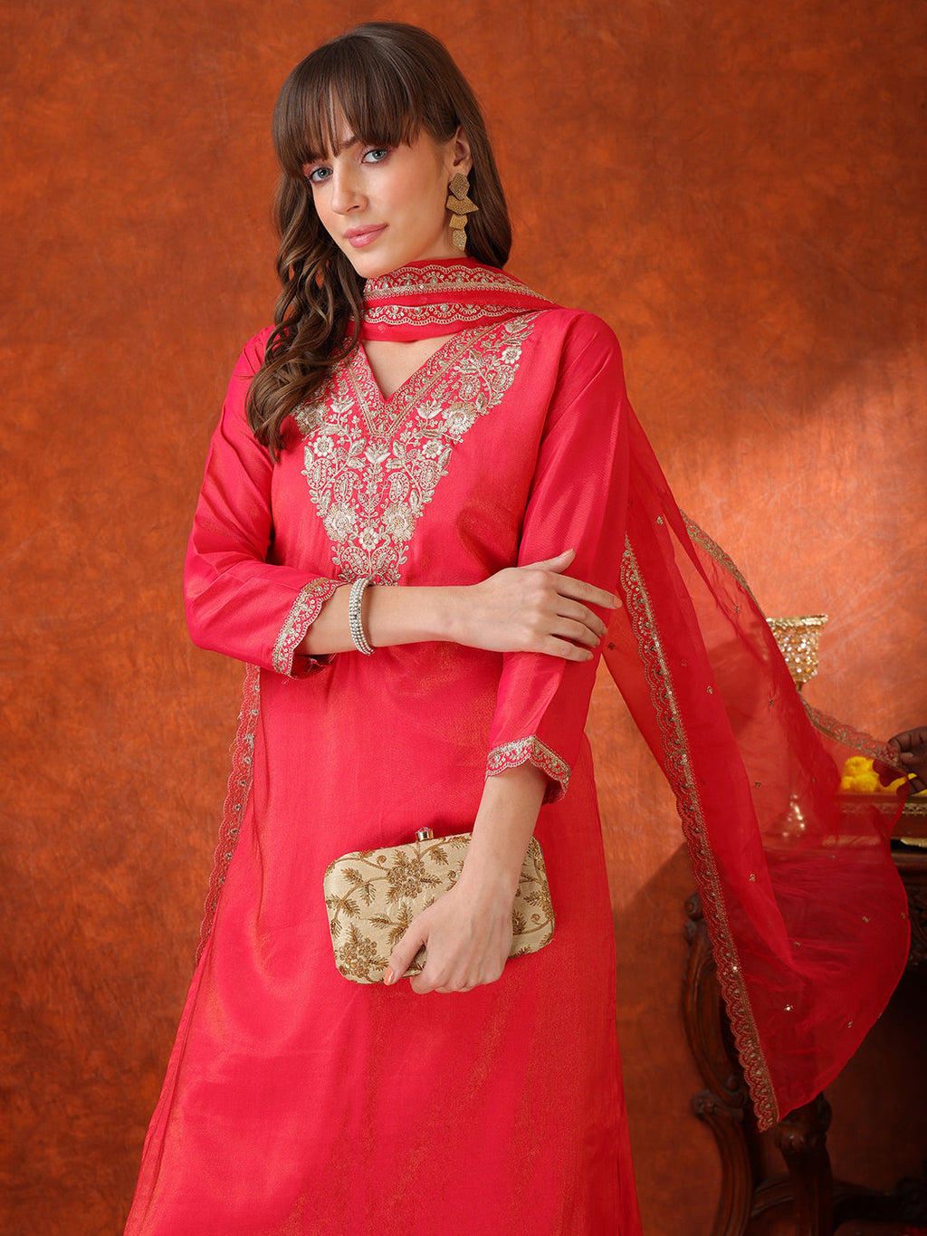 Sequin Embroidered Kurta With Pant & Embroidered Organza Dupatta, Pink - Hiral Fashion | Grocsy