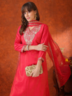 Sequin Embroidered Kurta With Pant & Embroidered Organza Dupatta, Pink - Hiral Fashion | Grocsy
