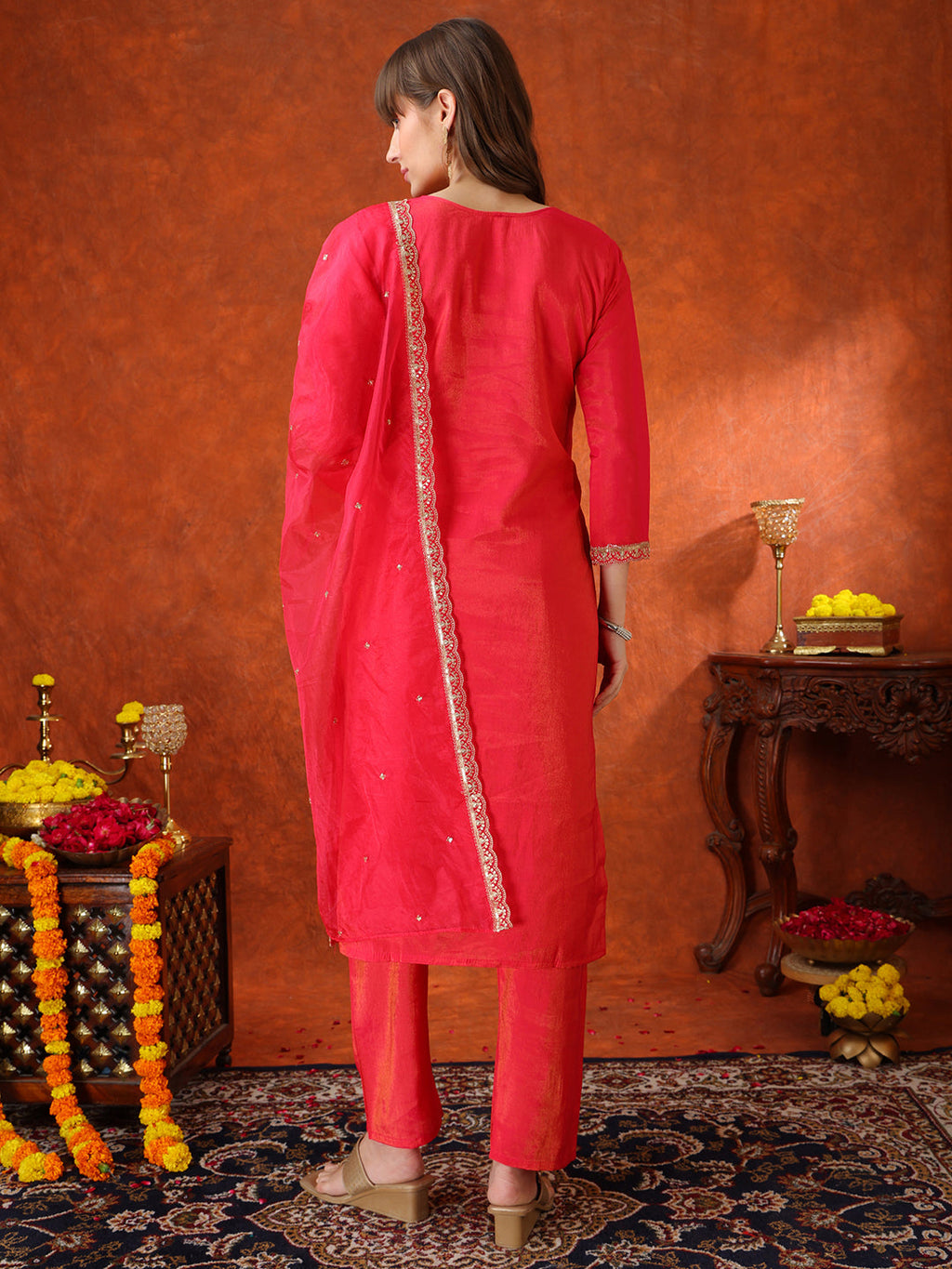 Sequin Embroidered Kurta With Pant & Embroidered Organza Dupatta, Pink - Hiral Fashion | Grocsy