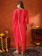 Sequin Embroidered Kurta With Pant & Embroidered Organza Dupatta, Pink - Hiral Fashion | Grocsy