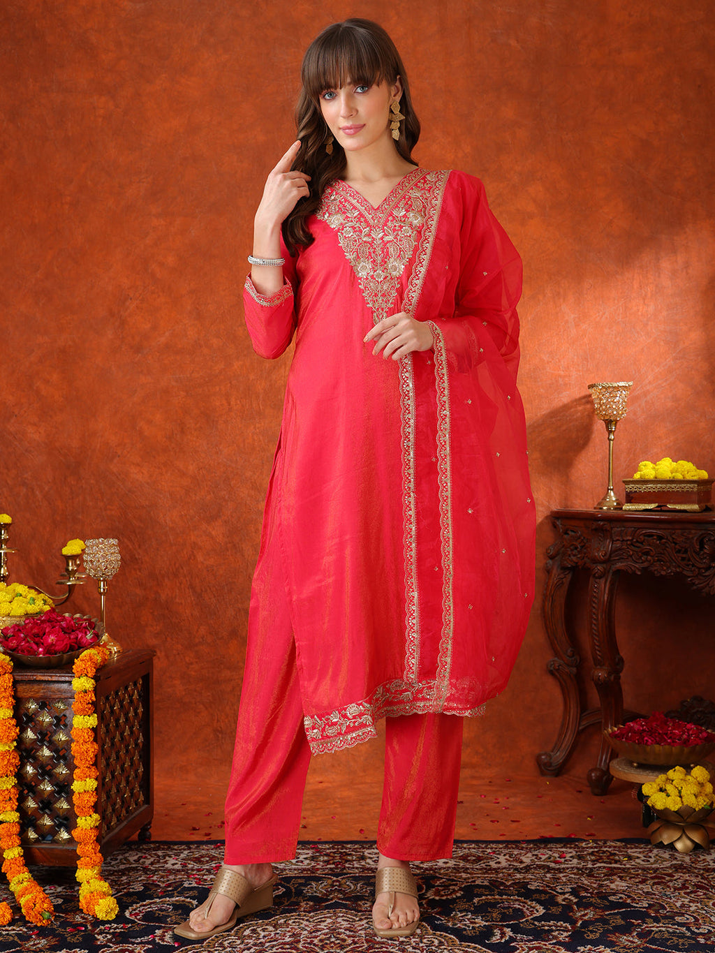 Sequin Embroidered Kurta With Pant & Embroidered Organza Dupatta, Pink - Hiral Fashion | Grocsy