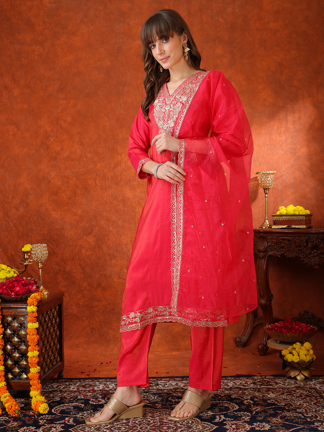Sequin Embroidered Kurta With Pant & Embroidered Organza Dupatta, Pink - Hiral Fashion | Grocsy
