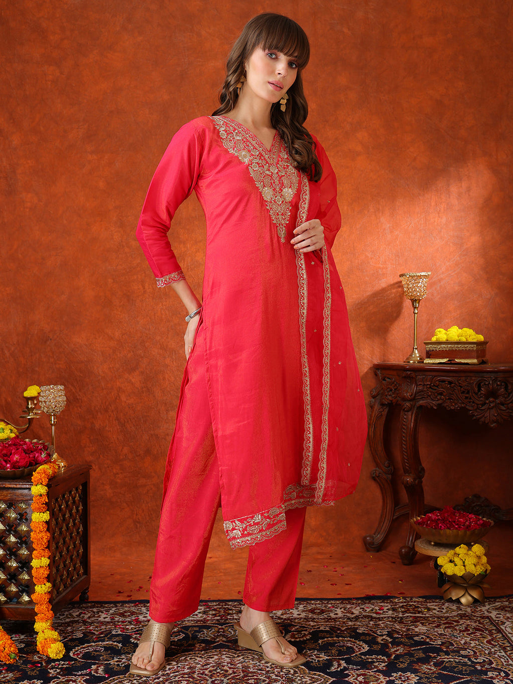 Sequin Embroidered Kurta With Pant & Embroidered Organza Dupatta, Pink - Hiral Fashion | Grocsy