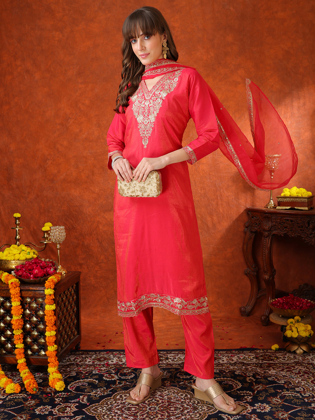 Sequin Embroidered Kurta With Pant & Embroidered Organza Dupatta, Pink - Hiral Fashion | Grocsy
