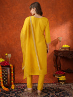 Sequin Embroidered Kurta With Pant & Embroidered Organza Dupatta, Yellow - Hiral Fashion | Grocsy
