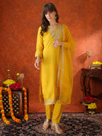 Sequin Embroidered Kurta With Pant & Embroidered Organza Dupatta, Yellow - Hiral Fashion | Grocsy