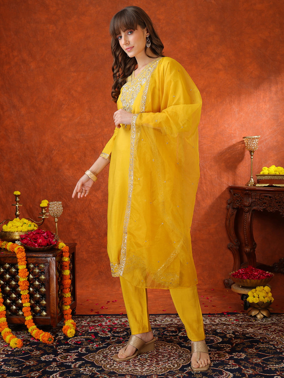 Sequin Embroidered Kurta With Pant & Embroidered Organza Dupatta, Yellow - Hiral Fashion | Grocsy