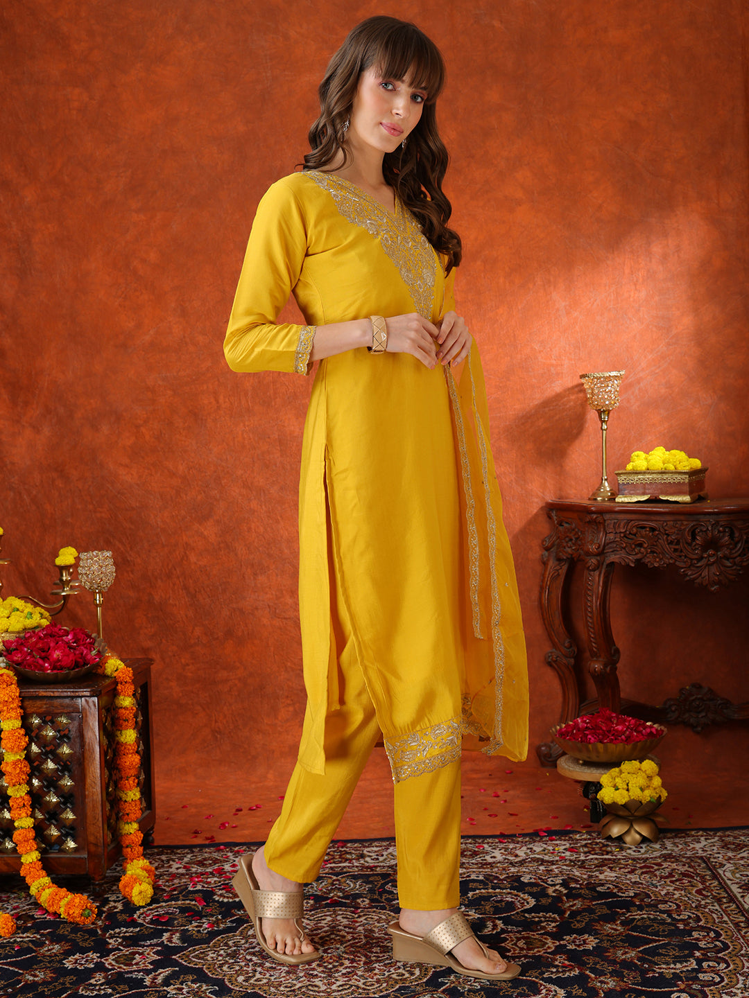 Sequin Embroidered Kurta With Pant & Embroidered Organza Dupatta, Yellow - Hiral Fashion | Grocsy