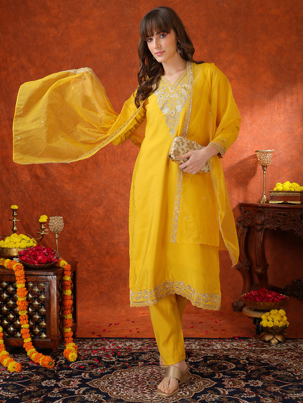 Sequin Embroidered Kurta With Pant & Embroidered Organza Dupatta, Yellow - Hiral Fashion | Grocsy