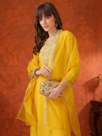 Sequin Embroidered Kurta With Pant & Embroidered Organza Dupatta, Yellow - Hiral Fashion | Grocsy