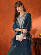 Sequin Embroidered Kurta With Pant & Embroidered Organza Dupatta, Teal - Hiral Fashion | Grocsy